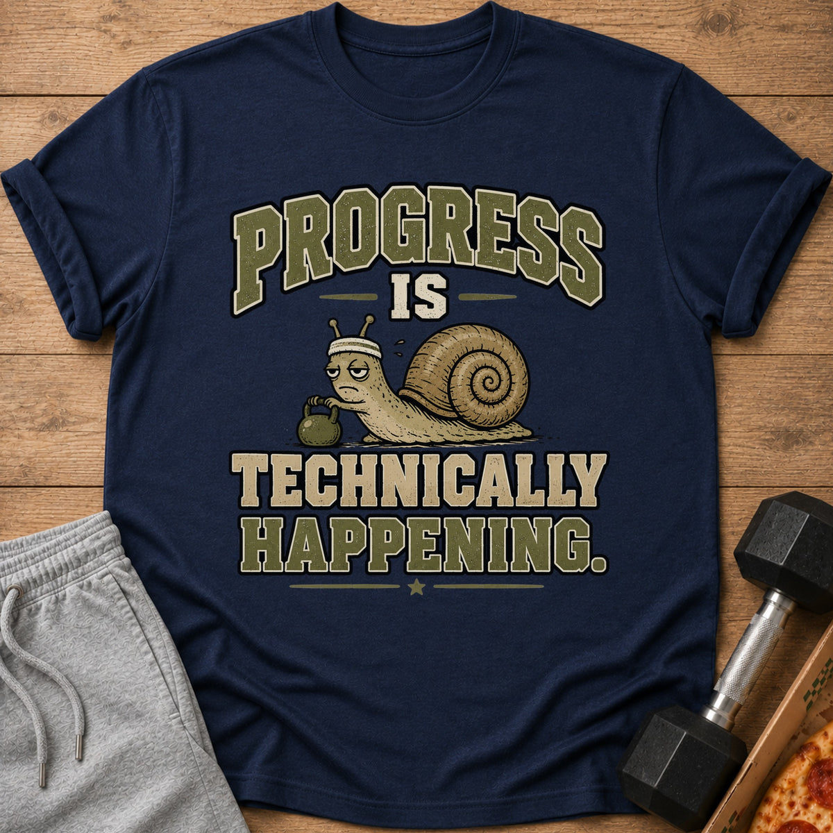 Navy t-shirt with text "PROGRESS IS TECHNICALLY HAPPENING" and a snail lifting a weight.