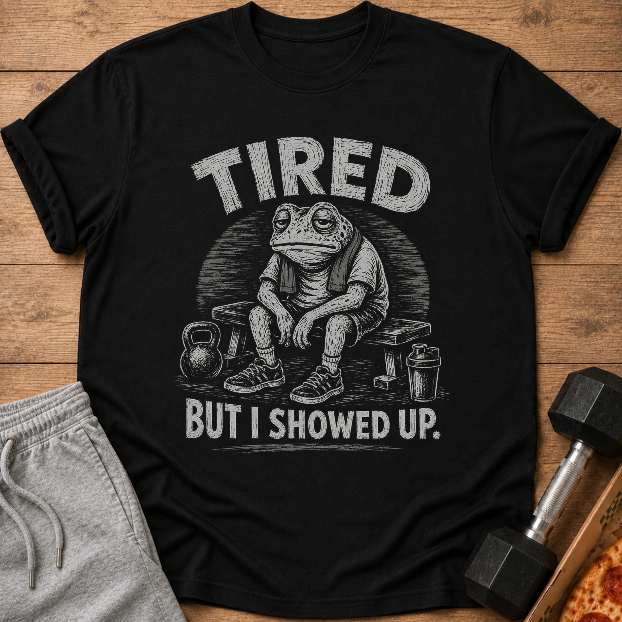 Black t-shirt with tired frog graphic, text "TIRED BUT I SHOWED UP."