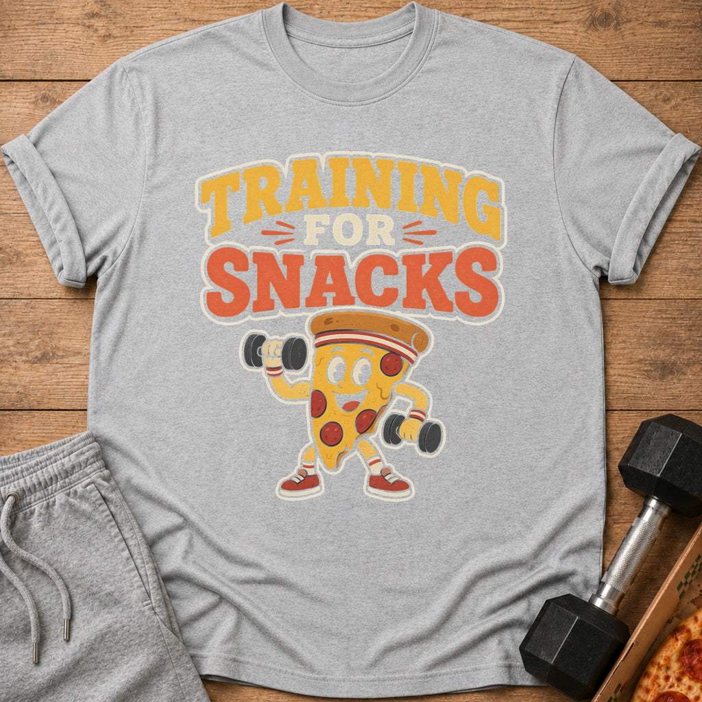 Gray t-shirt with cartoon pizza lifting dumbbells and text "Training for Snacks".