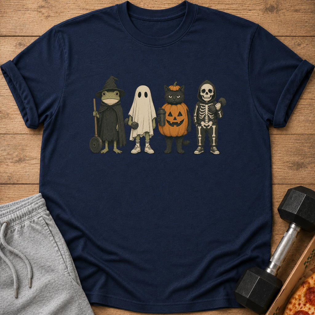 T-shirt with frog, ghost, cat, and skeleton Halloween costumes.