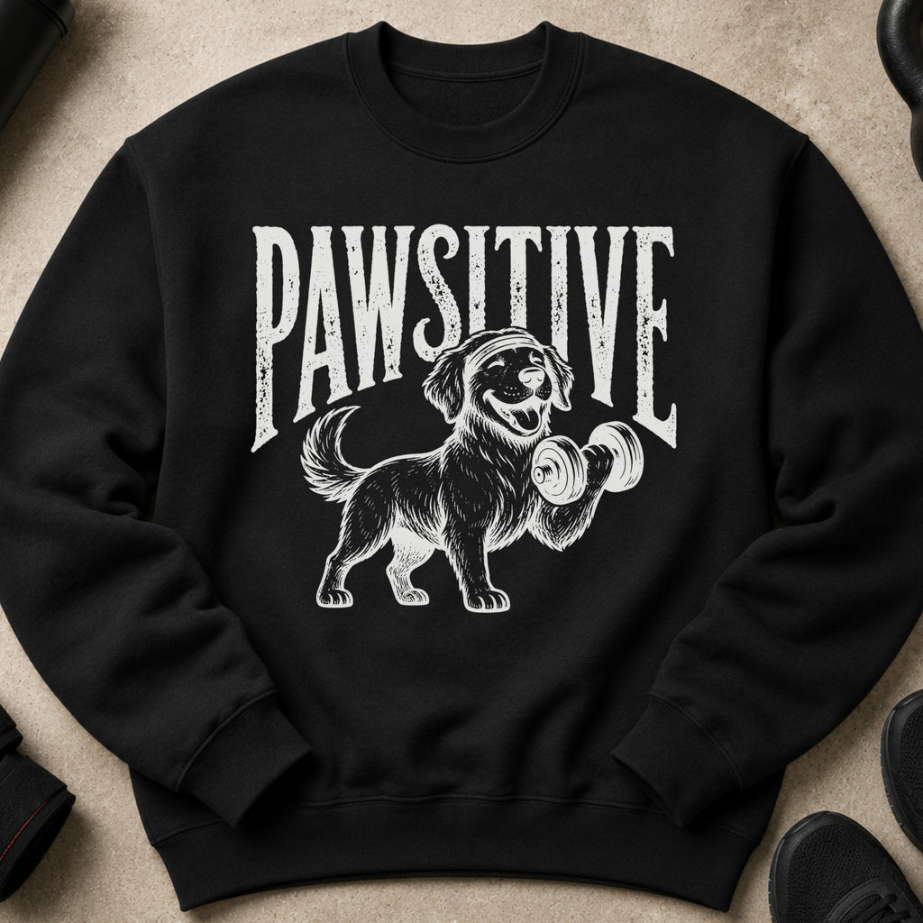 Black sweatshirt with distressed text "PAWSITIVE" and a dog lifting a dumbbell.