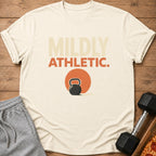 Cream t-shirt with "MILDLY ATHLETIC." text and kettlebell graphic.