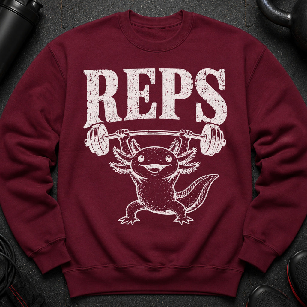 Maroon sweatshirt with white "REPS" text and an axolotl lifting a barbell.