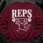 Maroon sweatshirt with white "REPS" text and an axolotl lifting a barbell.