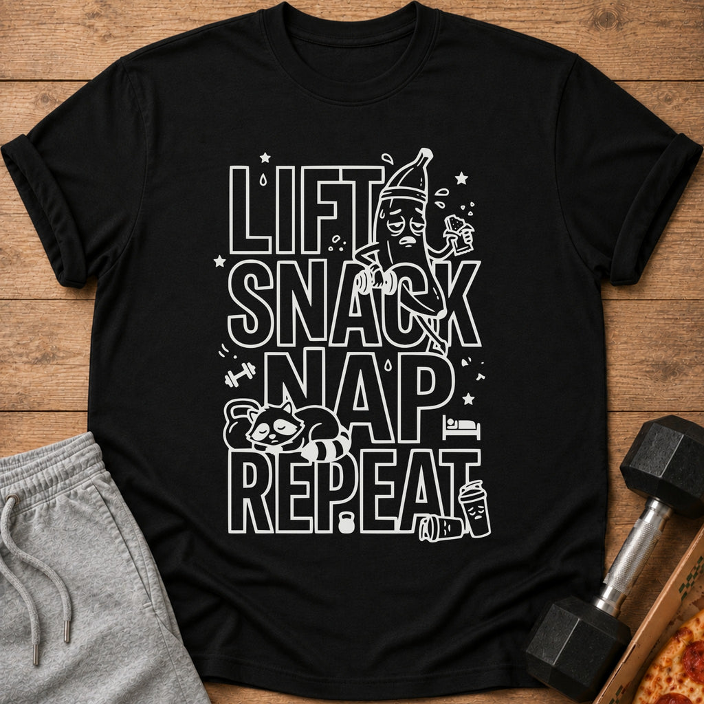 Black t-shirt with white text "Lift Snack Nap Repeat" and cartoon graphics.