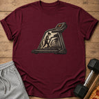 Maroon t-shirt with a treadmill graphic showing a woman running on it.