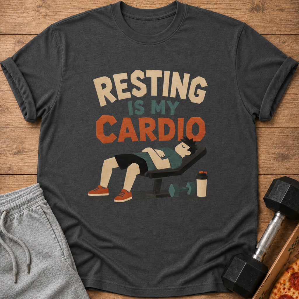 Dark grey t-shirt with "Resting is my cardio" text and sleeping man graphic.