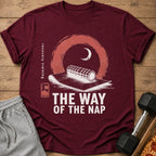 Maroon t-shirt with foam roller, moon, and text "THE WAY OF THE NAP".