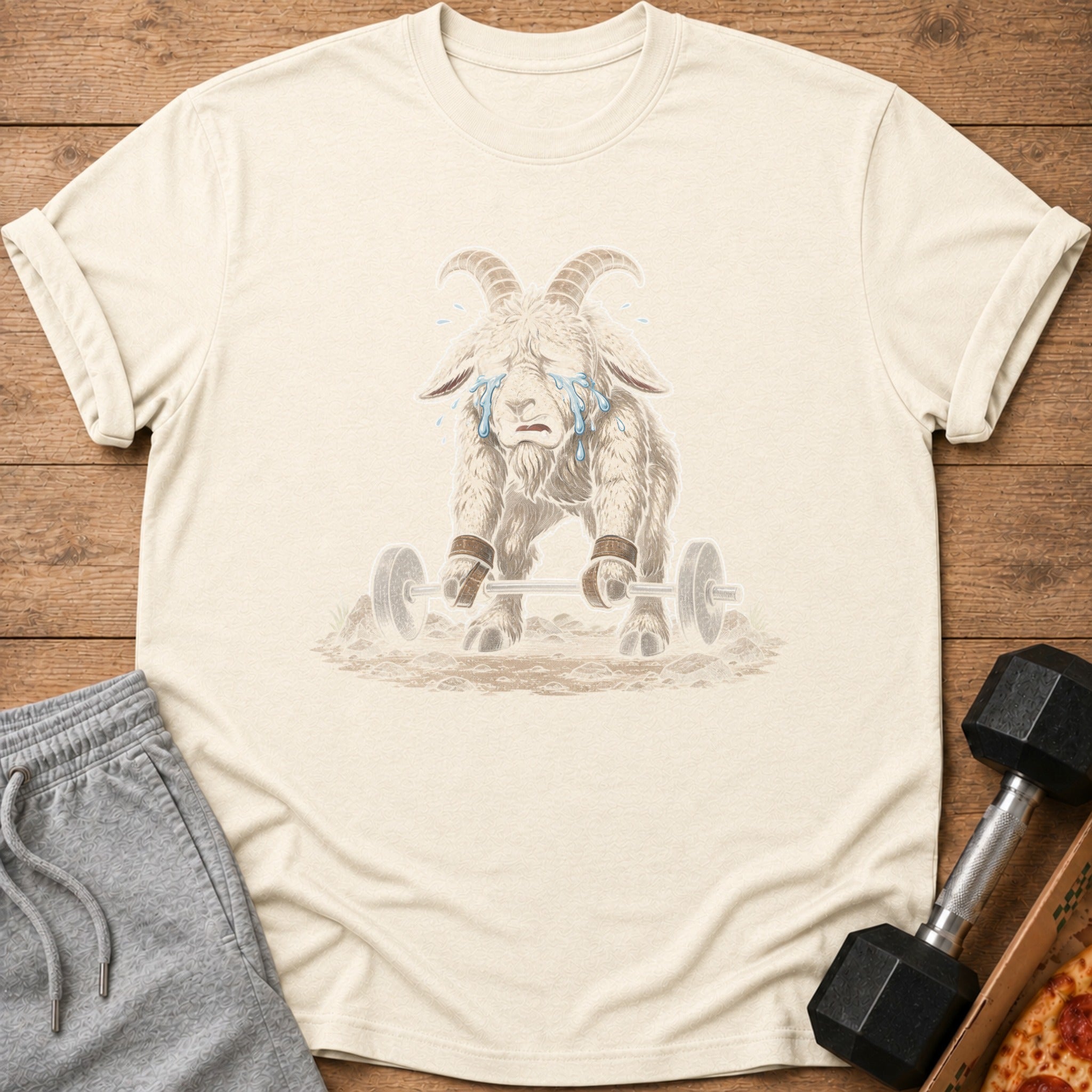 Crying goat with horns and beard lifting a barbell on a tan t-shirt.