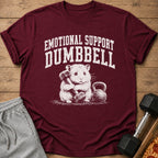 Maroon t-shirt with "EMOTIONAL SUPPORT DUMBBELL" and a hamster holding a dumbbell.