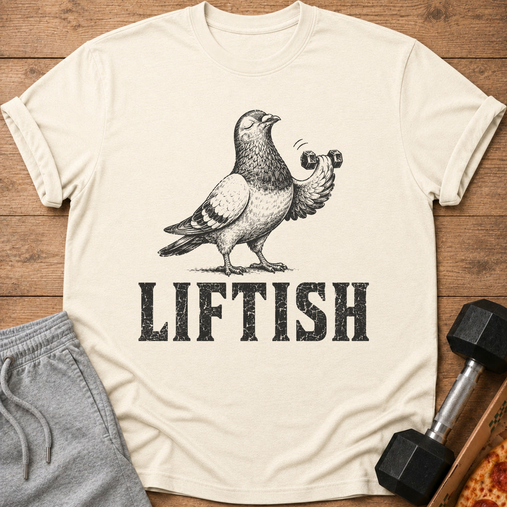 Cream t-shirt with a pigeon lifting dumbbells and the text "LIFTISH".