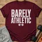 Maroon t-shirt with "BARELY ATHLETIC" text and a dumbbell graphic.