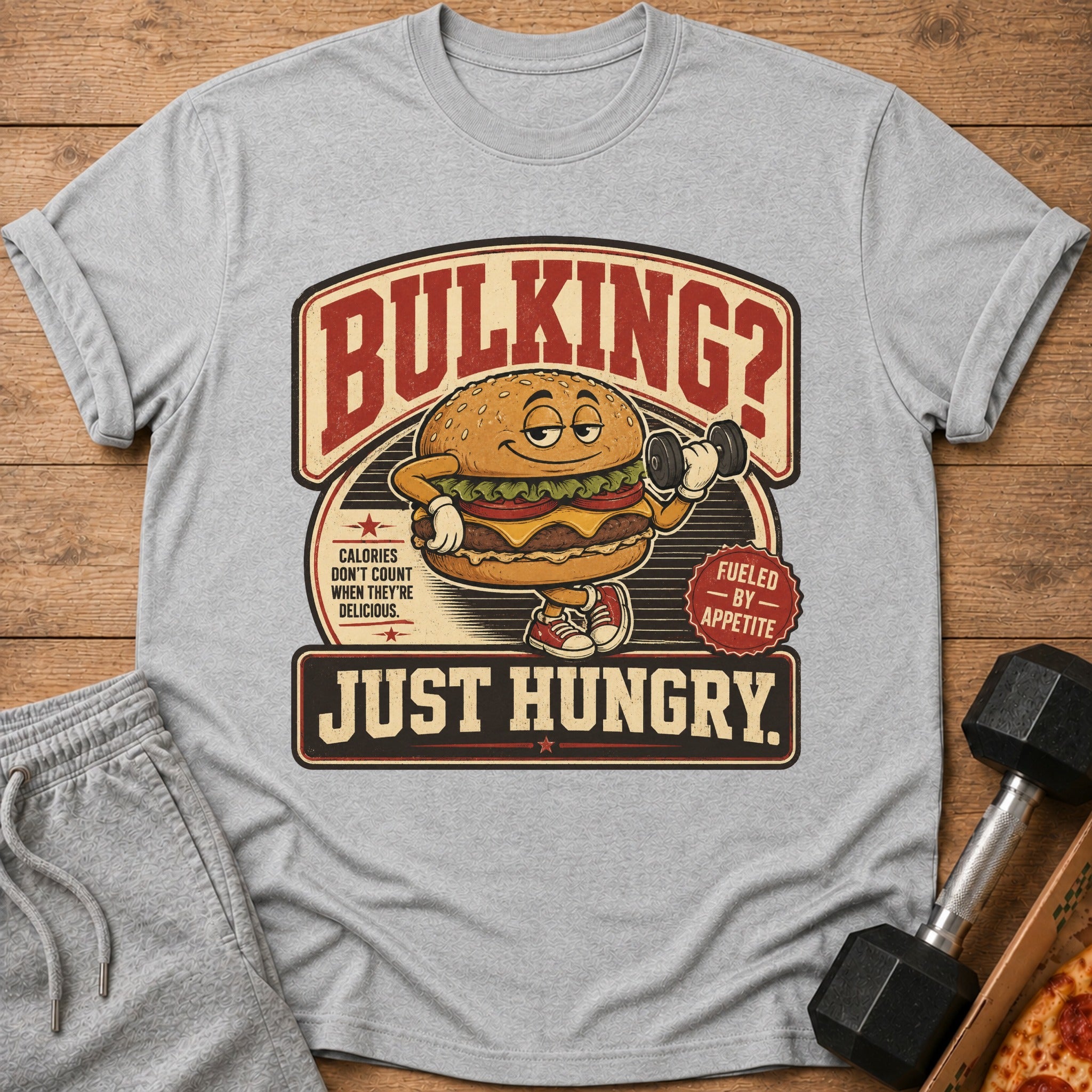 Grey t-shirt with cartoon burger lifting dumbbell and text "BULKING? JUST HUNGRY."