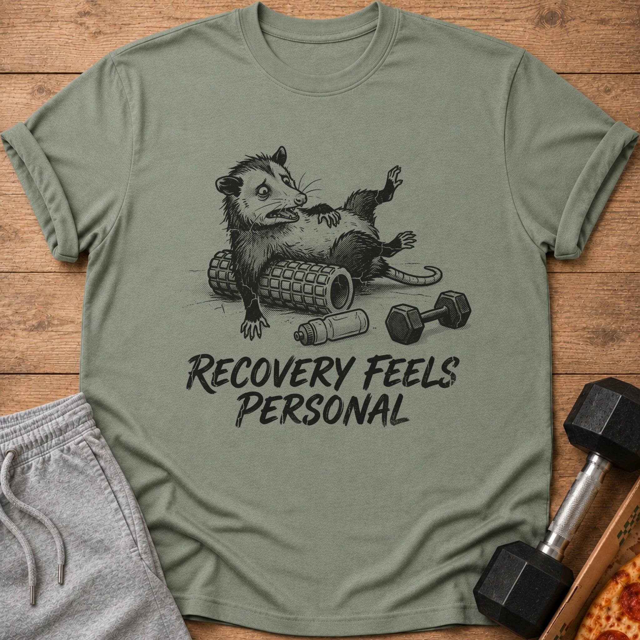 Opossum on a roller, with dumbbells and water bottle, reads "Recovery Feels Personal."