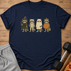 Dark blue t-shirt with four raccoons in Halloween costumes.