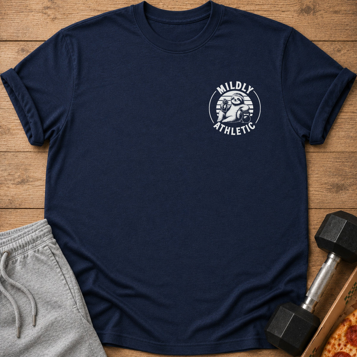 Navy t-shirt with sloth drinking from bottle, "Mildly Athletic" text, dumbbell, and pizza.