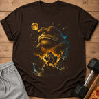 Brown t-shirt featuring a cool frog in sunglasses and a smaller frog holding a dumbbell.