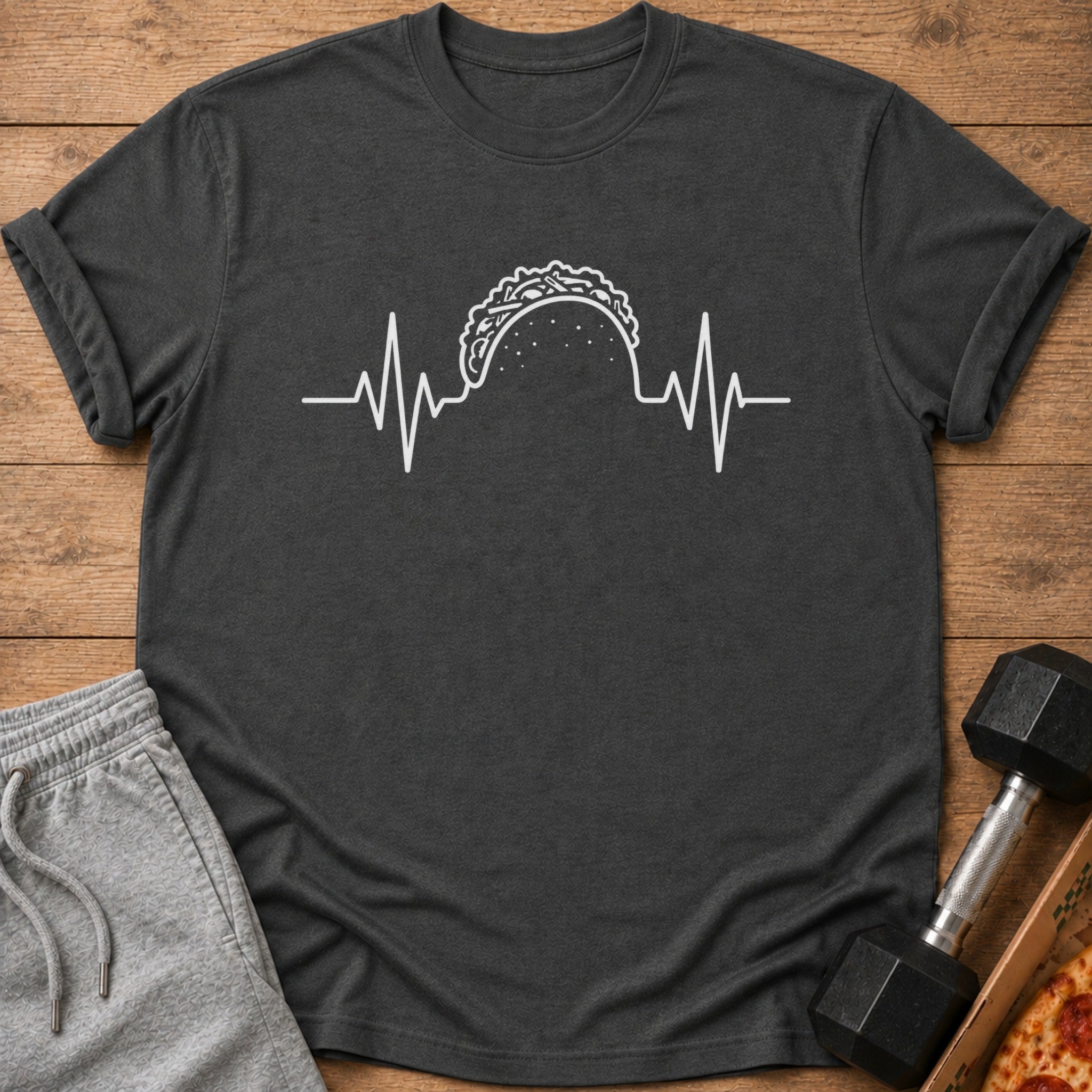 Dark gray t-shirt with white taco heartbeat graphic.