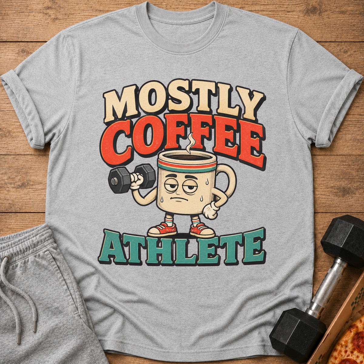 T-shirt with "Mostly Coffee Athlete" text and a tired coffee mug lifting a dumbbell.