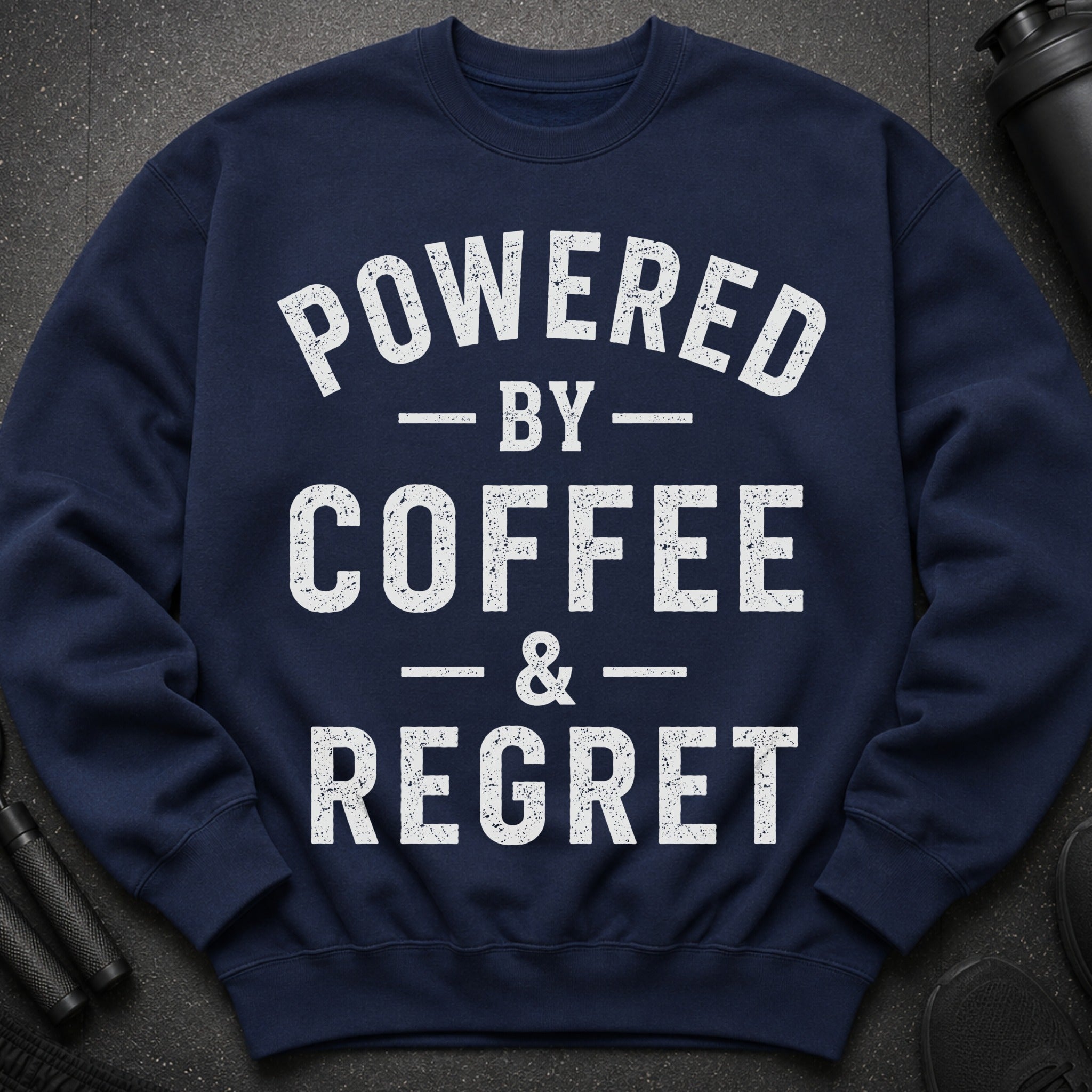 Navy sweatshirt with white distressed text "POWERED BY COFFEE & REGRET".