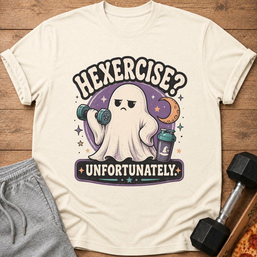 Ghost lifting dumbbell with text "HEXERCISE? UNFORTUNATELY."
