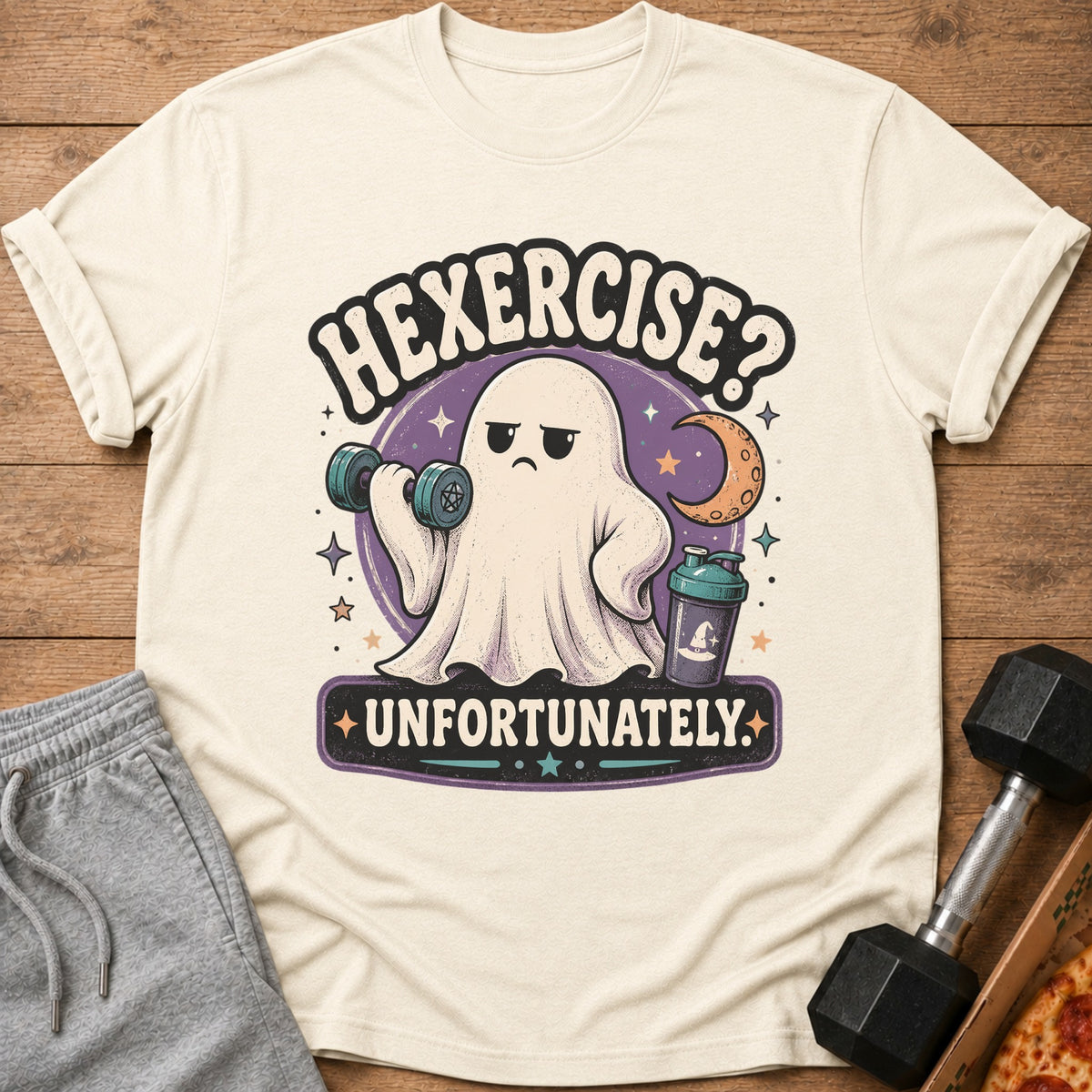 Ghost lifting dumbbell with text "HEXERCISE? UNFORTUNATELY."