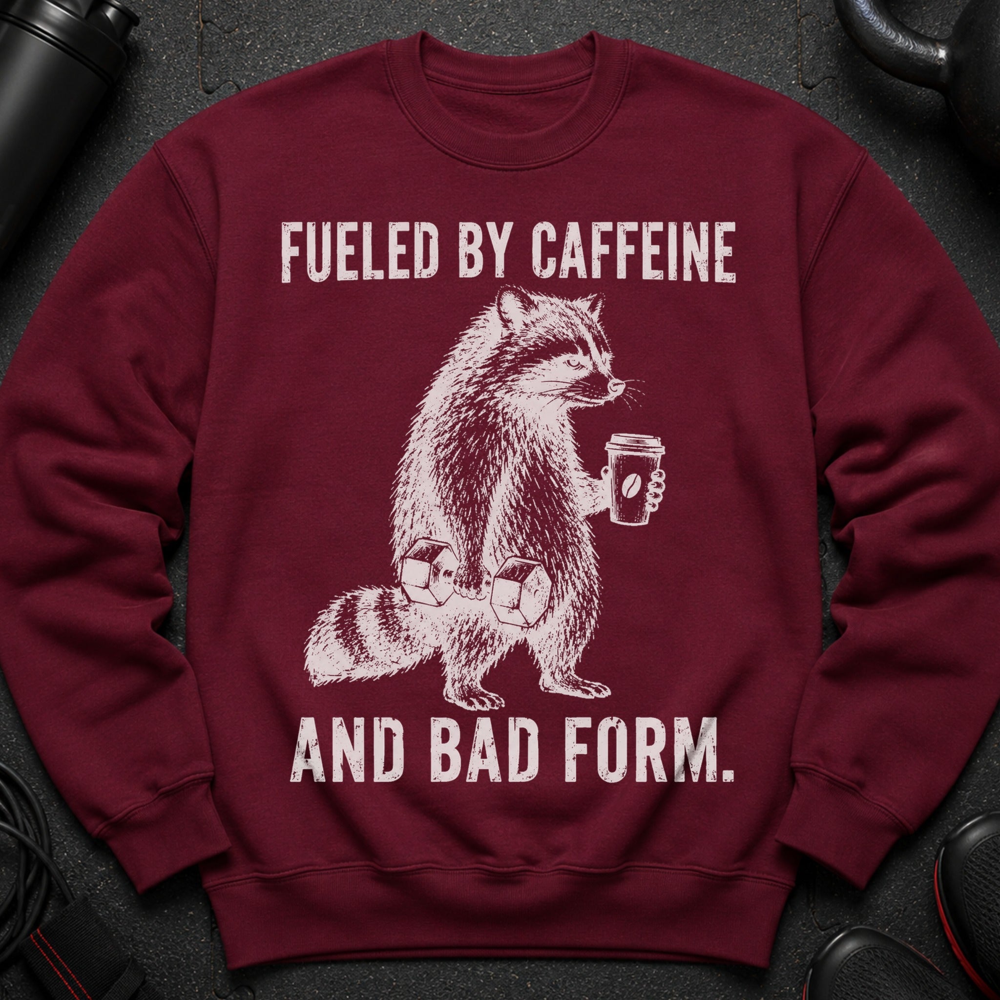 Maroon sweatshirt with a graphic of a raccoon, dumbbells, and coffee cup with text.
