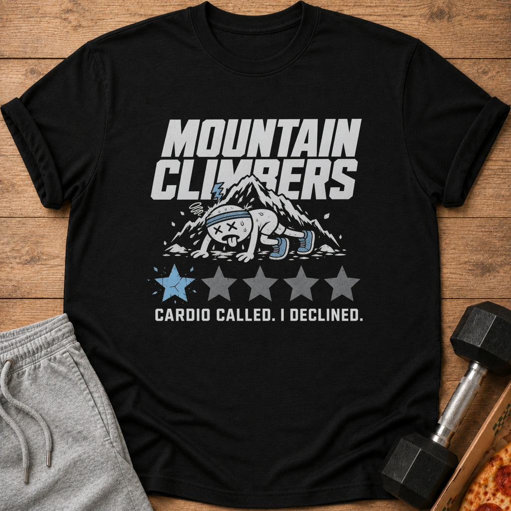 Black t-shirt with "MOUNTAIN CLIMBERS" and cartoon character declining cardio.