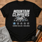 Black t-shirt with "MOUNTAIN CLIMBERS" and cartoon character declining cardio.
