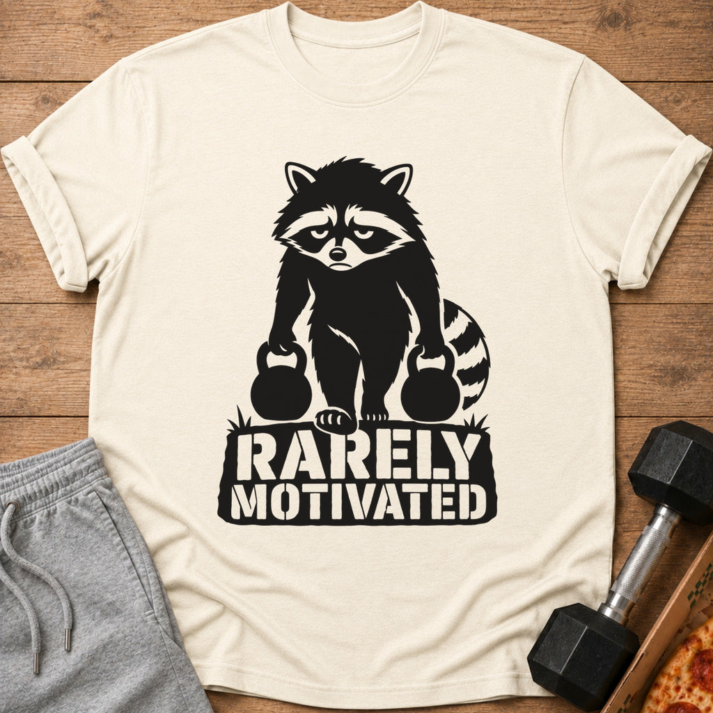 Graphic of a raccoon holding kettlebells with text "RARELY MOTIVATED".