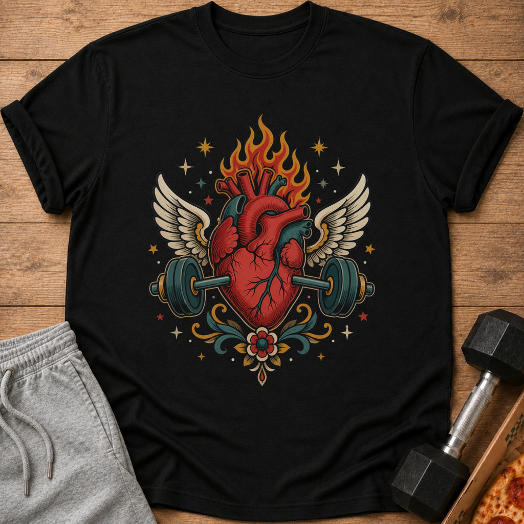 Black t-shirt with a winged anatomical heart and barbell graphic.