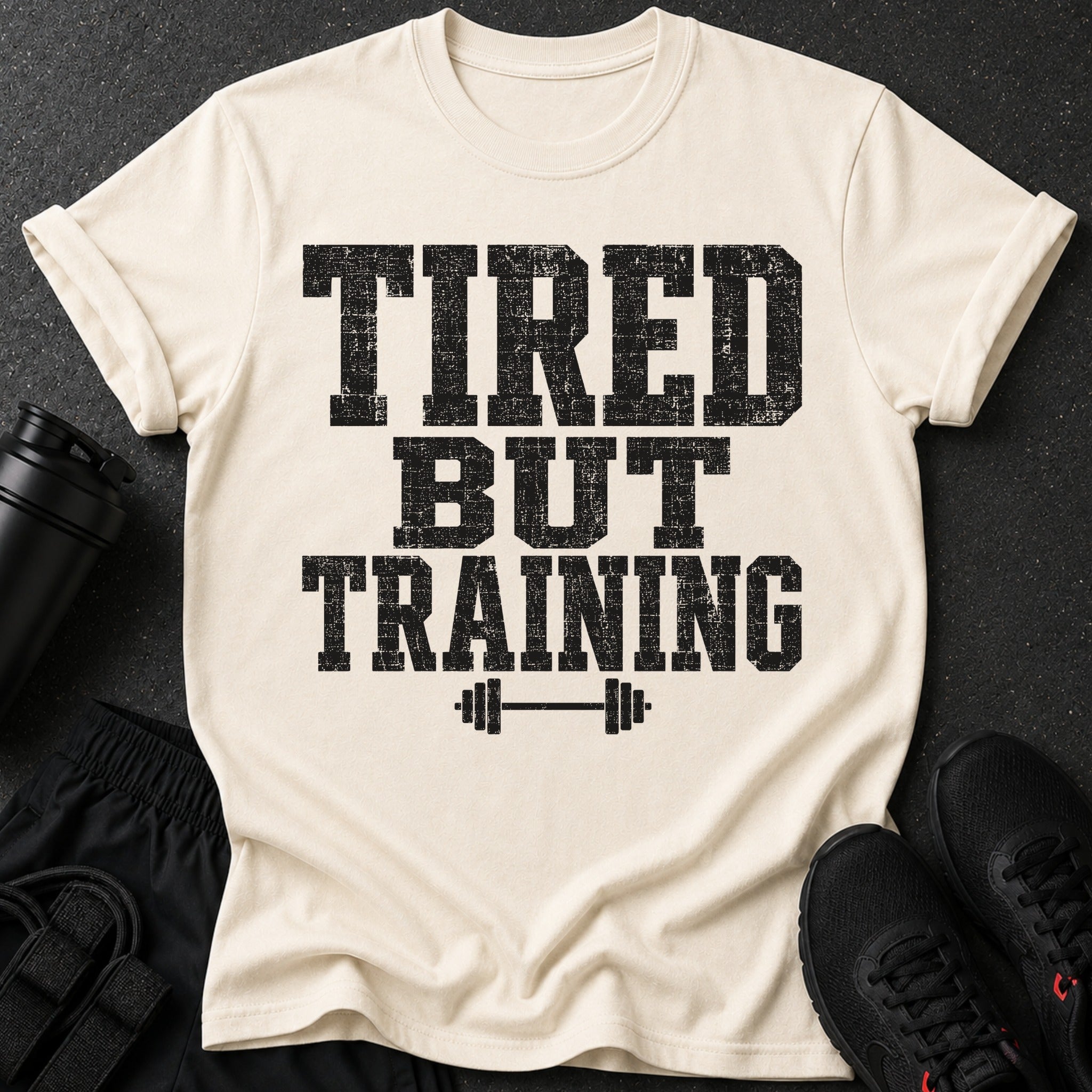 T-shirt with text "TIRED BUT TRAINING" and barbell graphic.