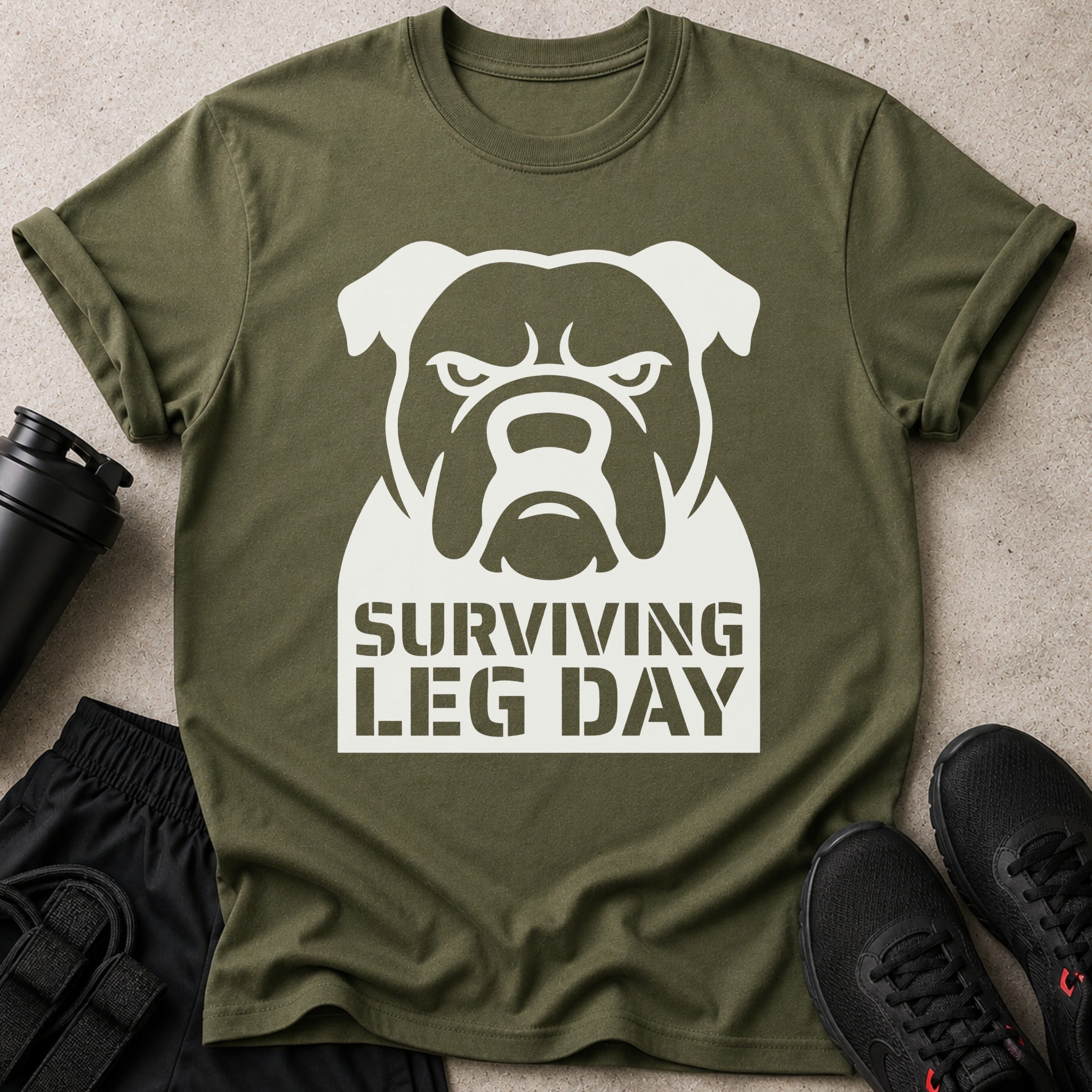 Olive green t-shirt with a white bulldog graphic and the words "SURVIVING LEG DAY".