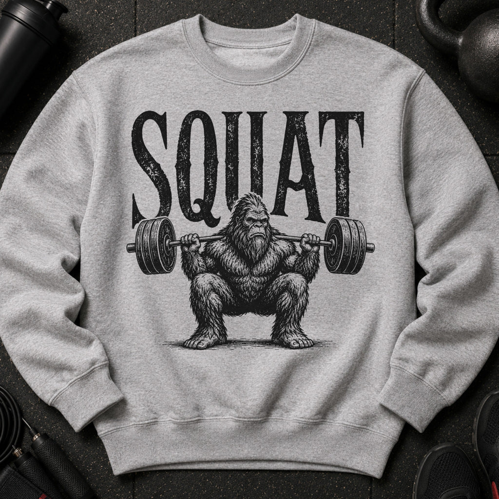 Grey sweatshirt with distressed "SQUAT" text above a Bigfoot lifting a barbell.