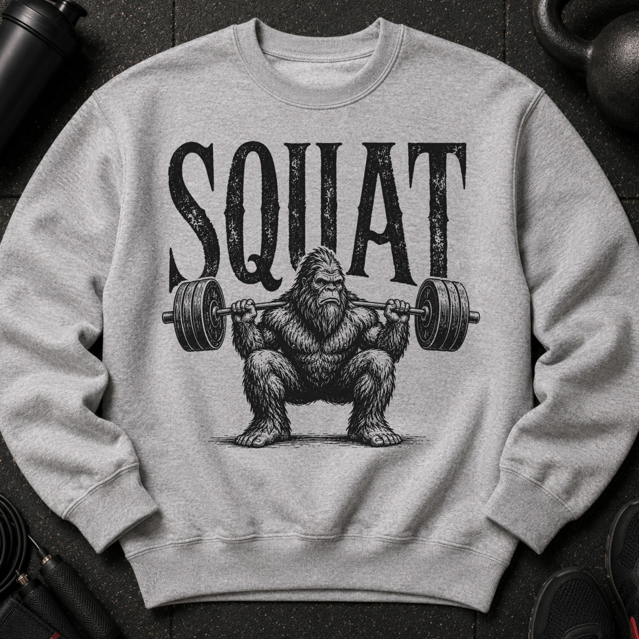 Grey sweatshirt with distressed "SQUAT" text above a Bigfoot lifting a barbell.