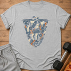 Gray t-shirt with a graphic shield of gym equipment and sweating faces.
