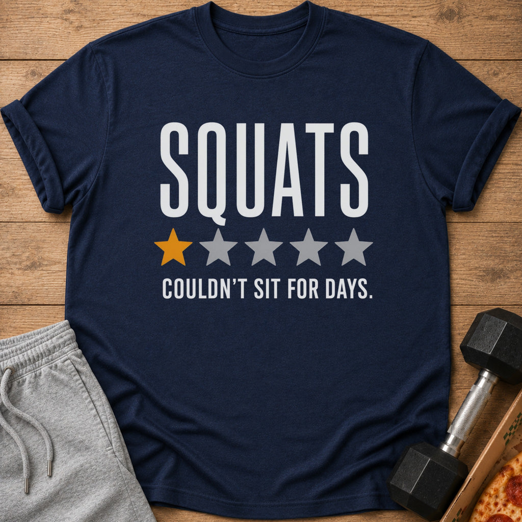 Navy t-shirt with white text "SQUATS" and a star rating.