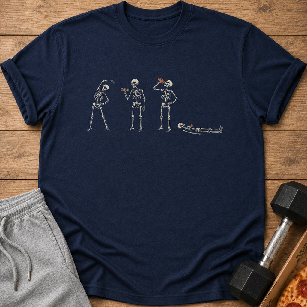 T-shirt with a graphic of four skeletons engaged in different activities.