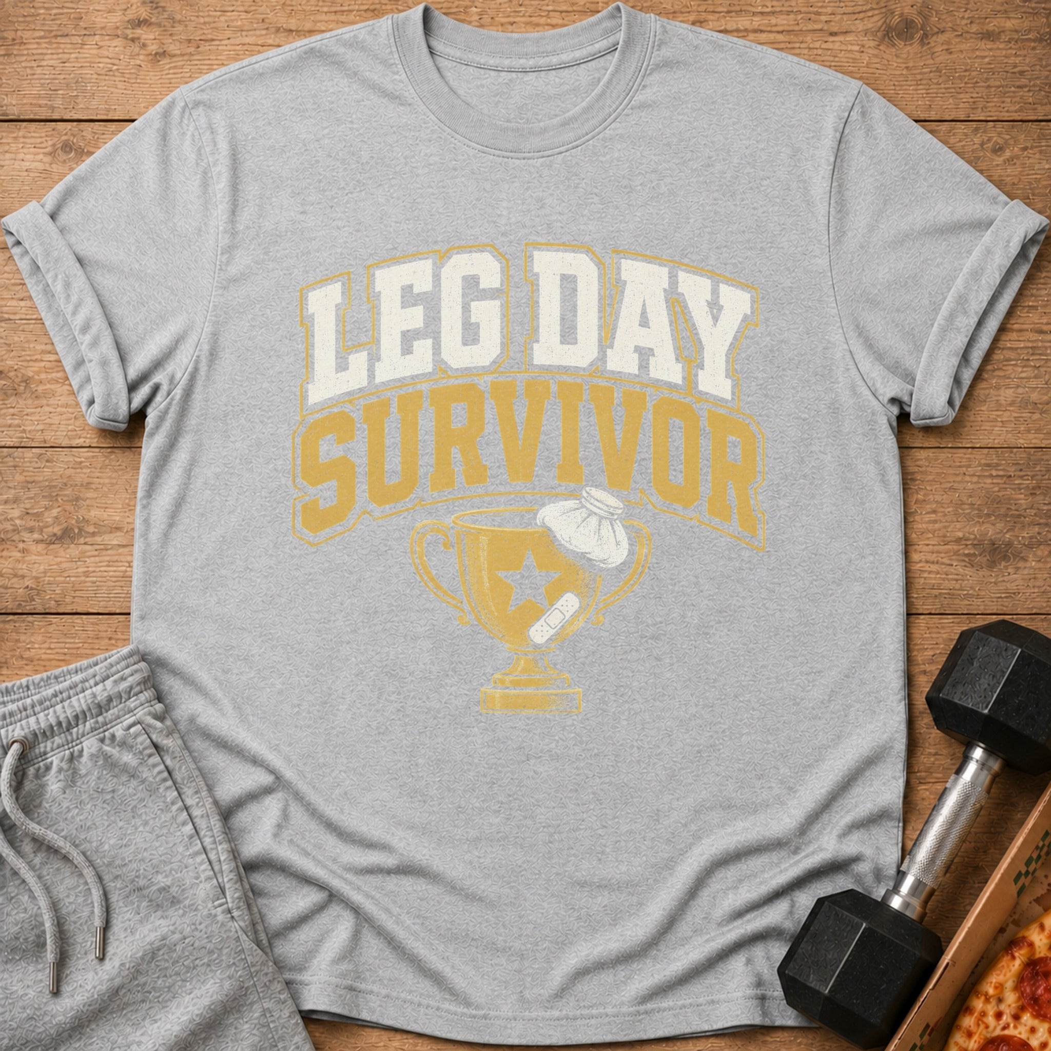 Grey t-shirt with "Leg Day Survivor" text and trophy graphic.
