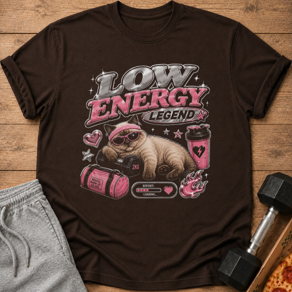 Brown t-shirt with "Low Energy Legend" text and a cat resting on a dumbbell.