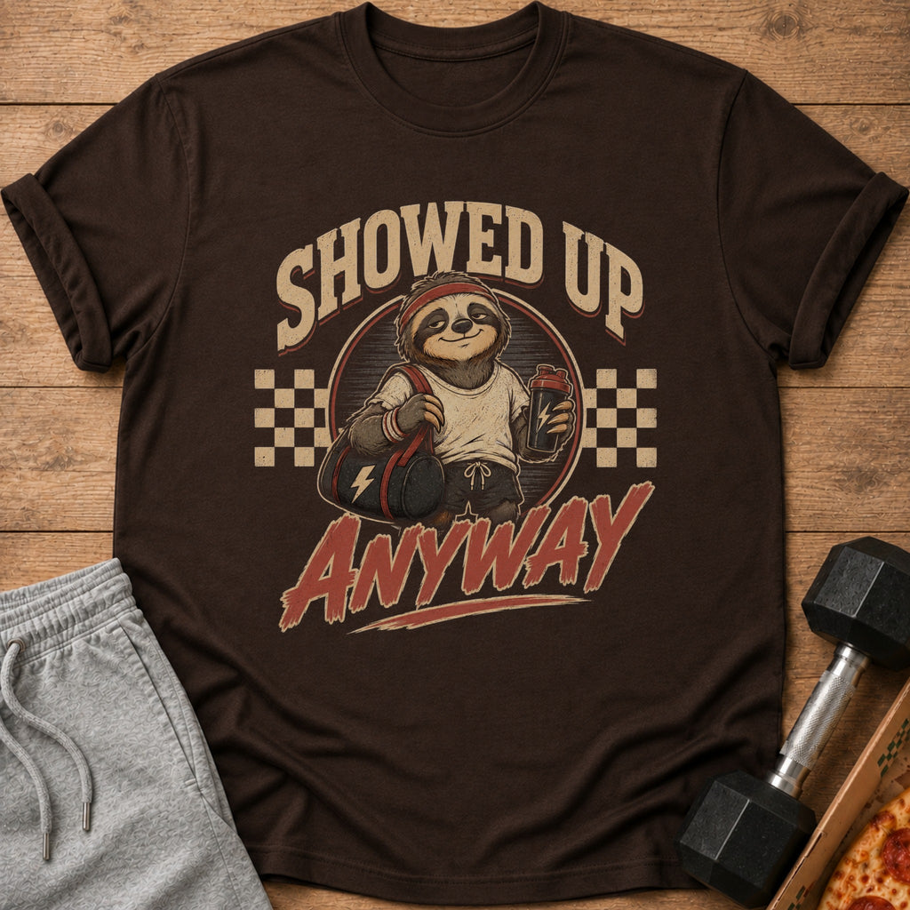 Brown t-shirt with a sloth graphic saying "Showed Up Anyway".