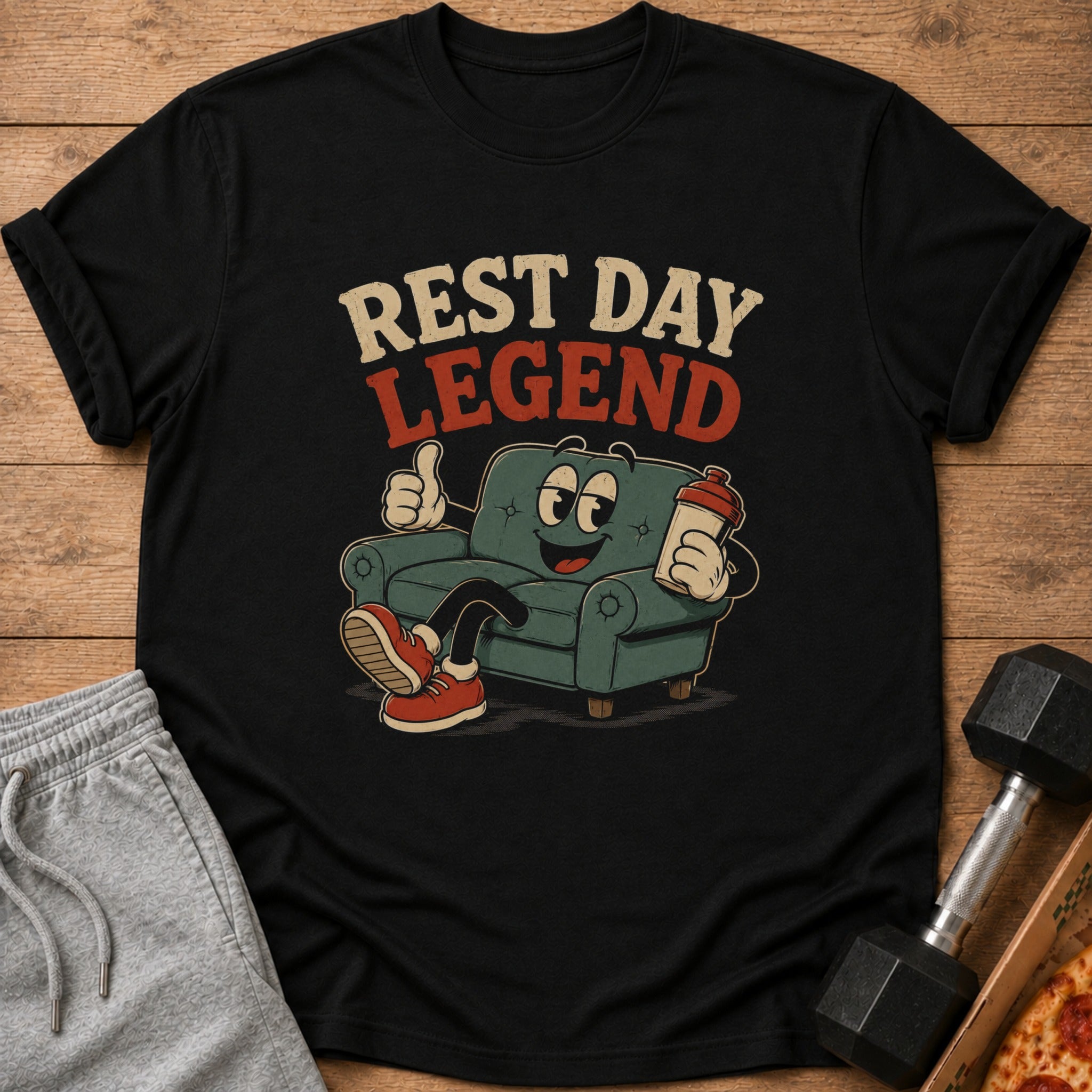 Black t-shirt with "REST DAY LEGEND" text and cartoon couch holding a shaker.