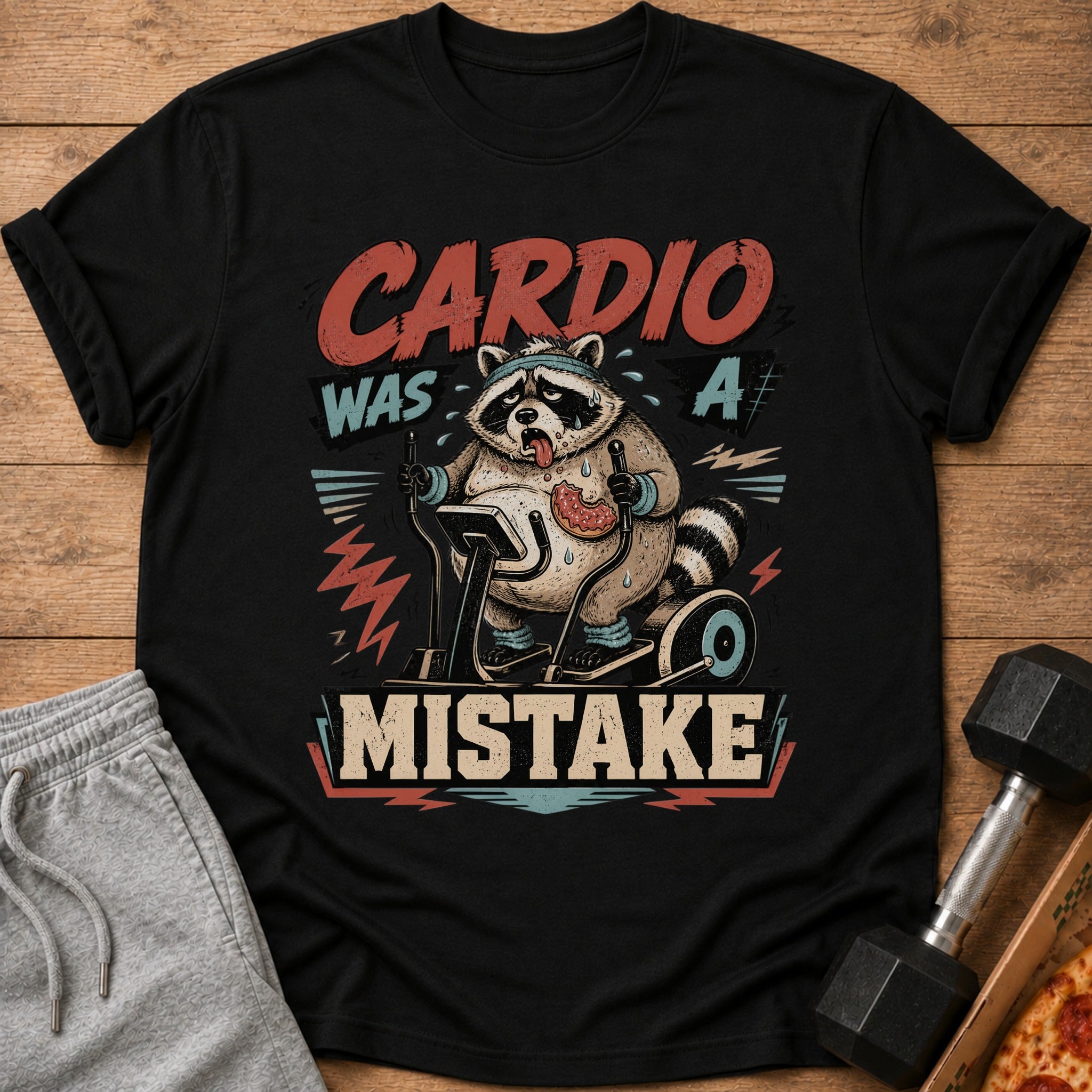 Black t-shirt with distressed graphic of a raccoon on an exercise bike, saying "CARDIO WAS A MISTAKE."