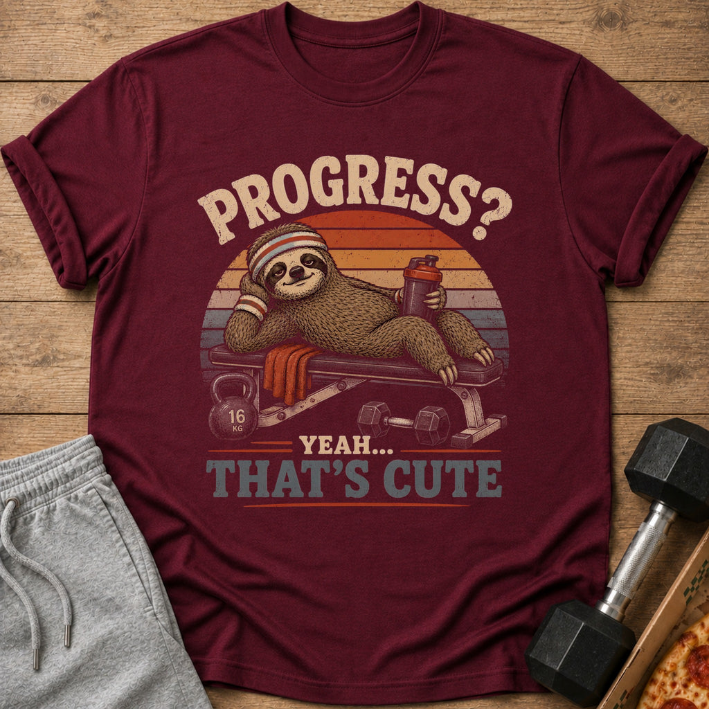 Sloth on weight bench with dumbbells and text "PROGRESS? YEAH... THAT'S CUTE."