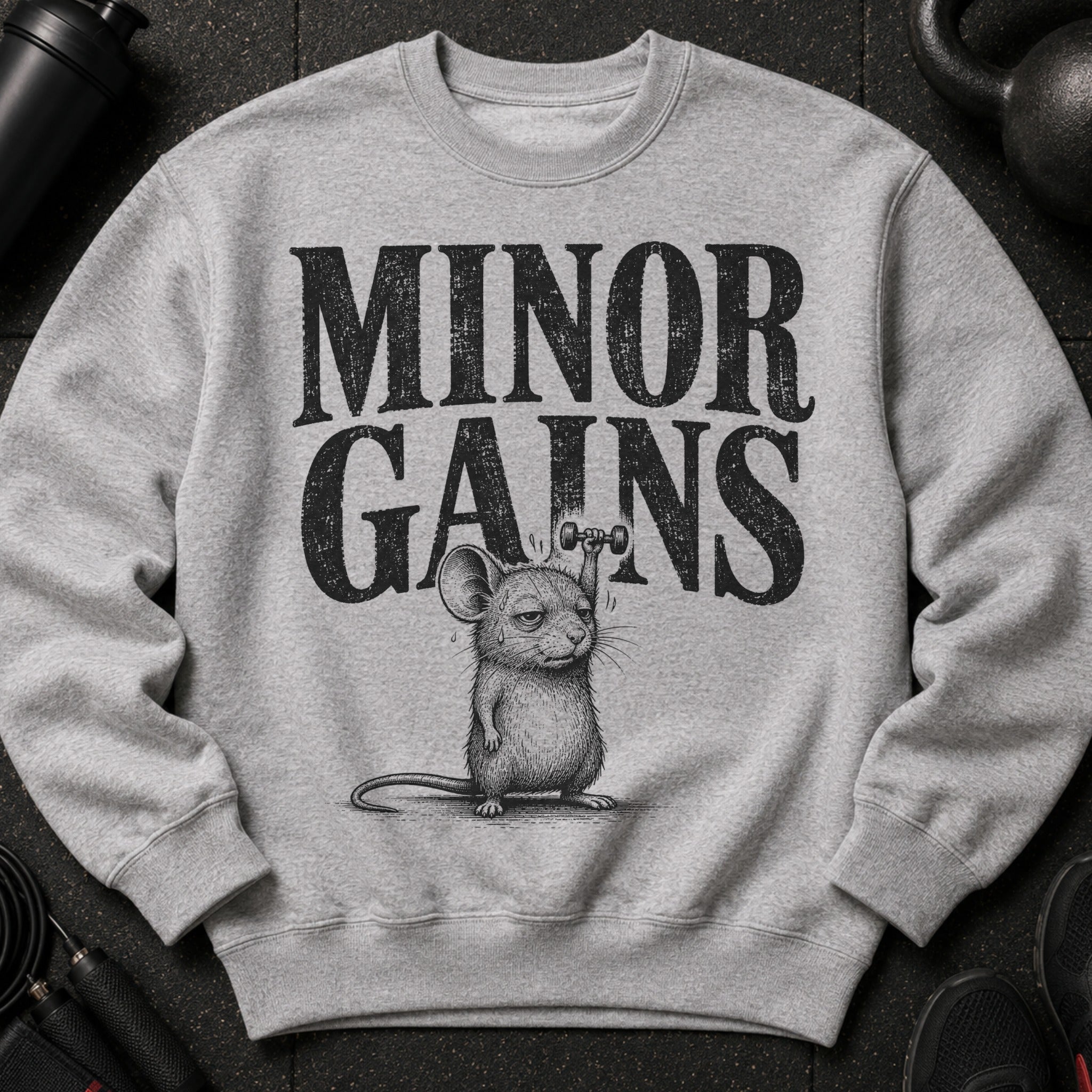 Sweatshirt with distressed "MINOR GAINS" text and a mouse lifting a dumbbell.