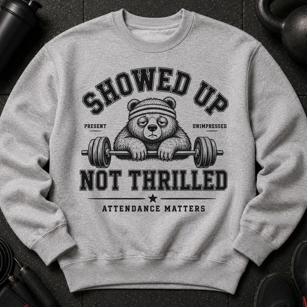 Grey sweatshirt with a bear graphic wearing a headband holding a barbell.