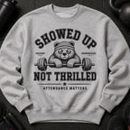 Grey sweatshirt with a bear graphic wearing a headband holding a barbell.