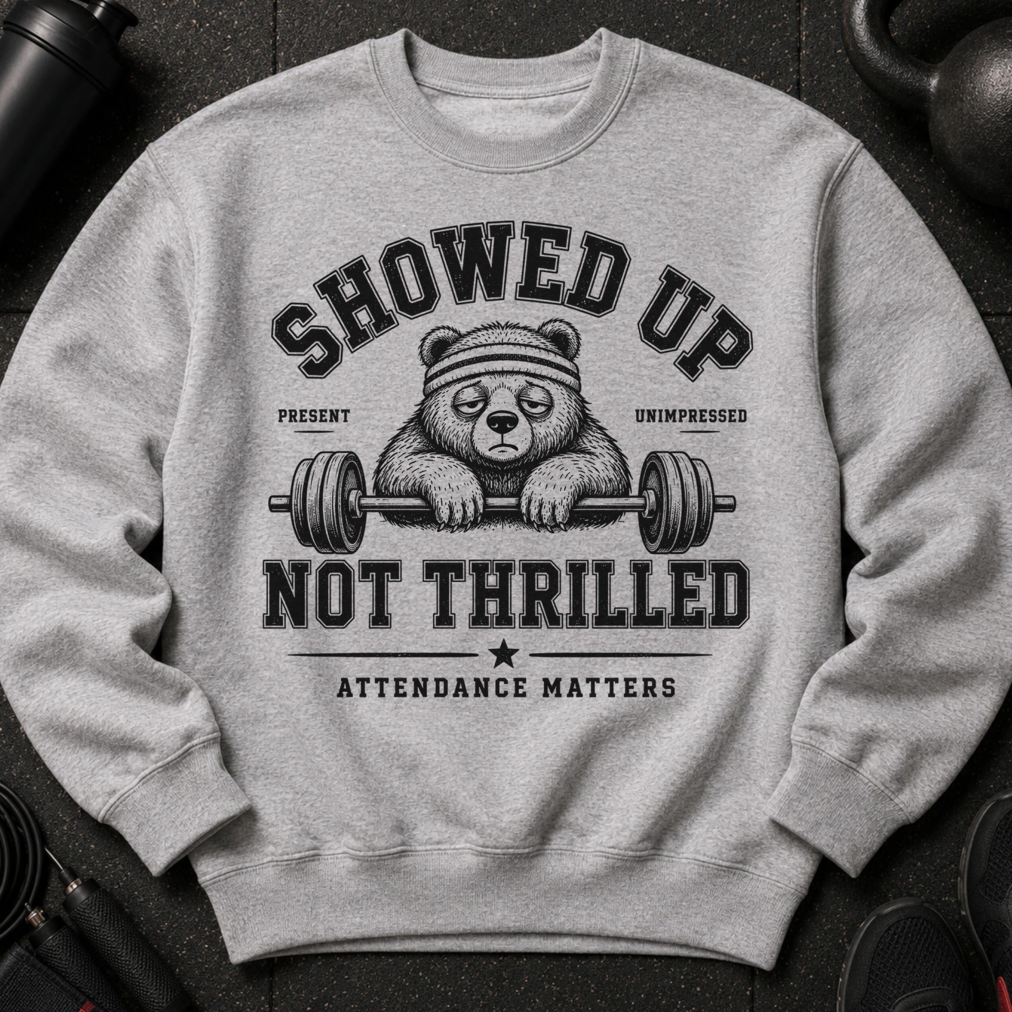 Grey sweatshirt with a bear graphic wearing a headband holding a barbell.