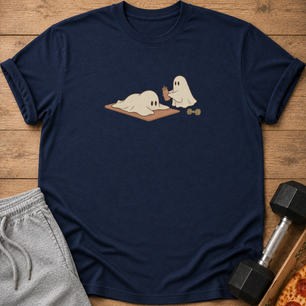 Navy t-shirt with a graphic of two ghosts, one exercising and one holding a drink.
