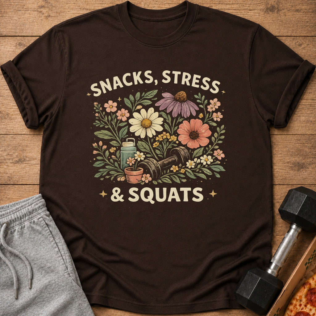 Brown t-shirt with floral design and text "Snacks, Stress & Squats".